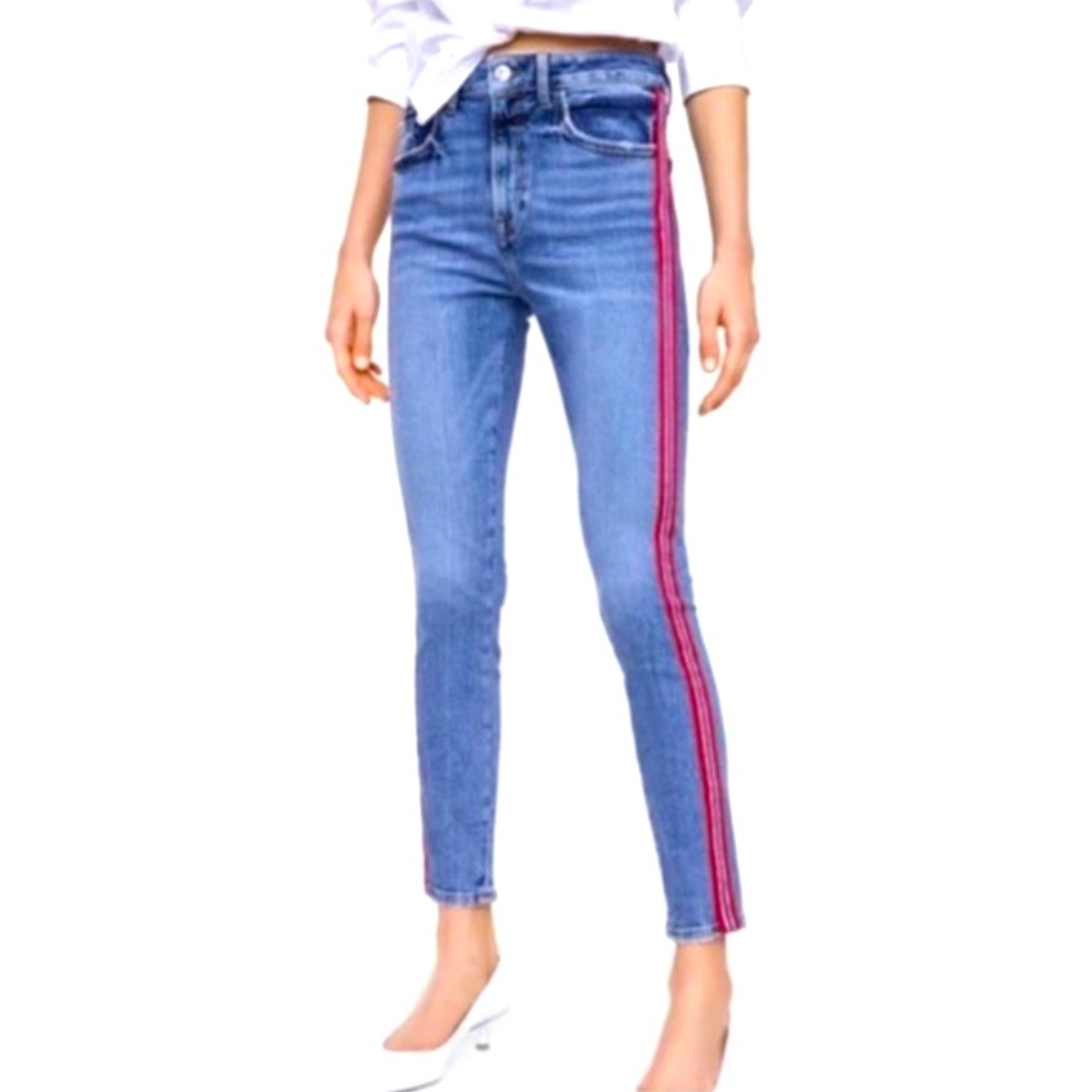 Zara High Rise Red Stripe Ankle Jean